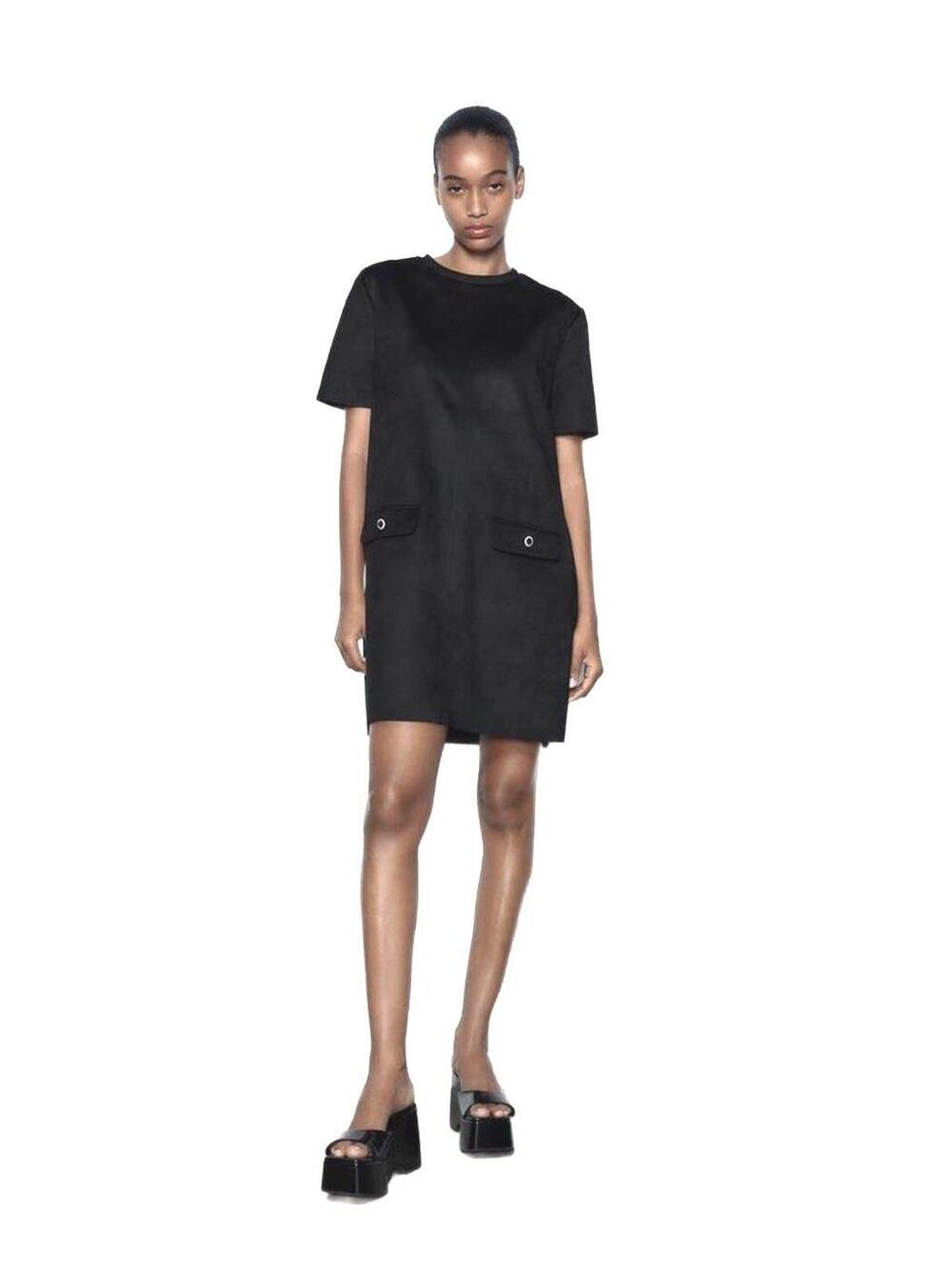NWT Zara Faux Suede Black Short Sleeve Dress Front Pockets Rhinestone - Size XS